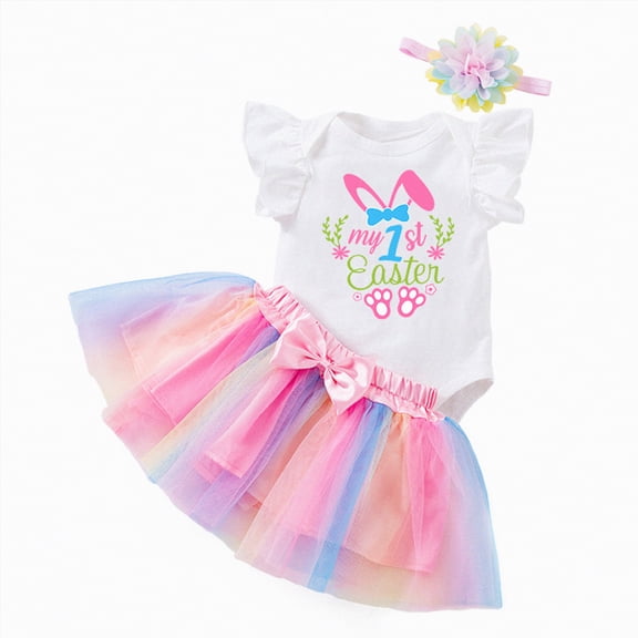 Kaprioy My First Easter Baby Girl Outfit Girls Clothes Ruffle Bodysuit and Tutu Skirt Outfit with Headband