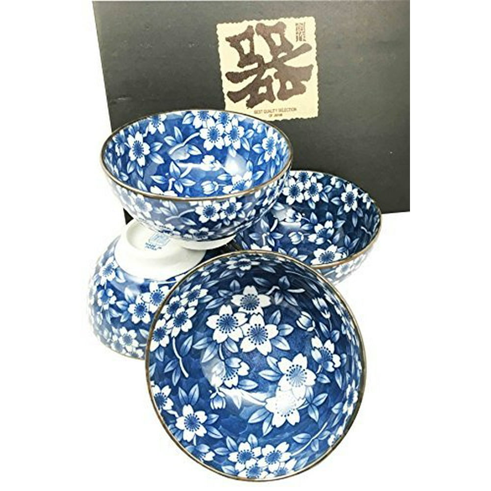 Made in Japan Blue Multi Pattern Glazed Ceramic Rice Meal Soup Dining