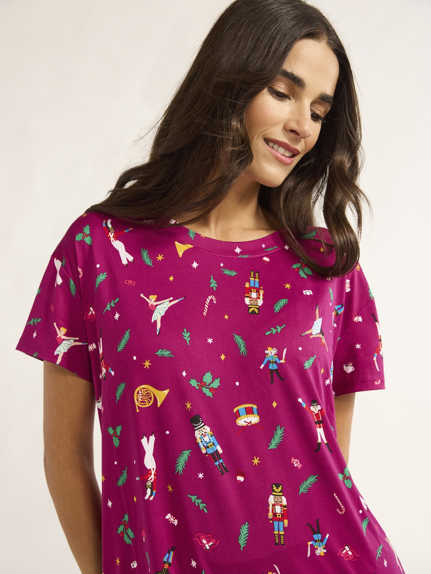 Joyspun Women’s Print Sleep Shirt with Short Sleeves, Sizes S/M-2X/3X