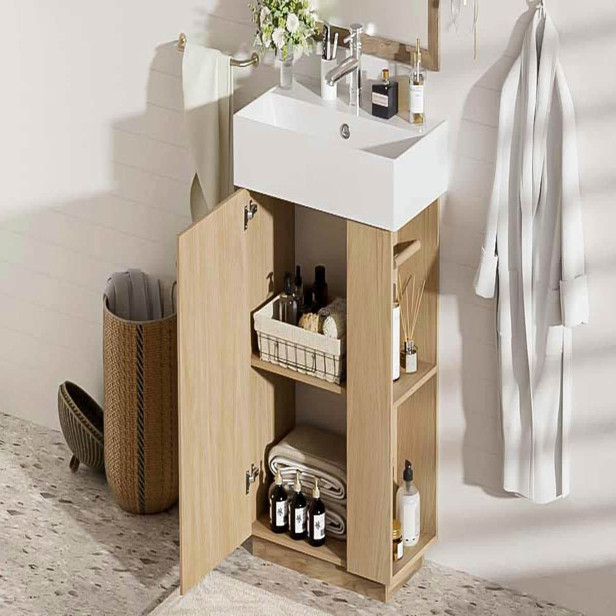 GVN Bathroom Storage Vanity,Bathroom Floor Cabinet,21.6" Bathroom Vanity with Ceramic Sink, Freestanding Modern Left Door Wood Grain Cabinet, Brown