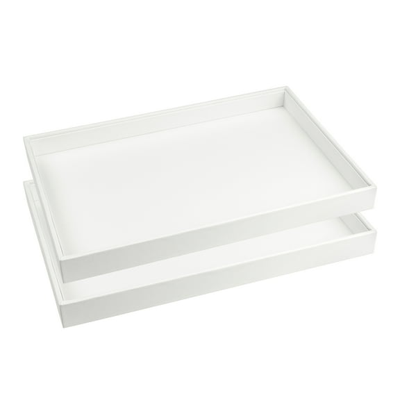REGALWOVEN 2 Pcs Stackable PU Leather Accessory Organizer Trays with Removable Dividers for Drawers White Flat Tray