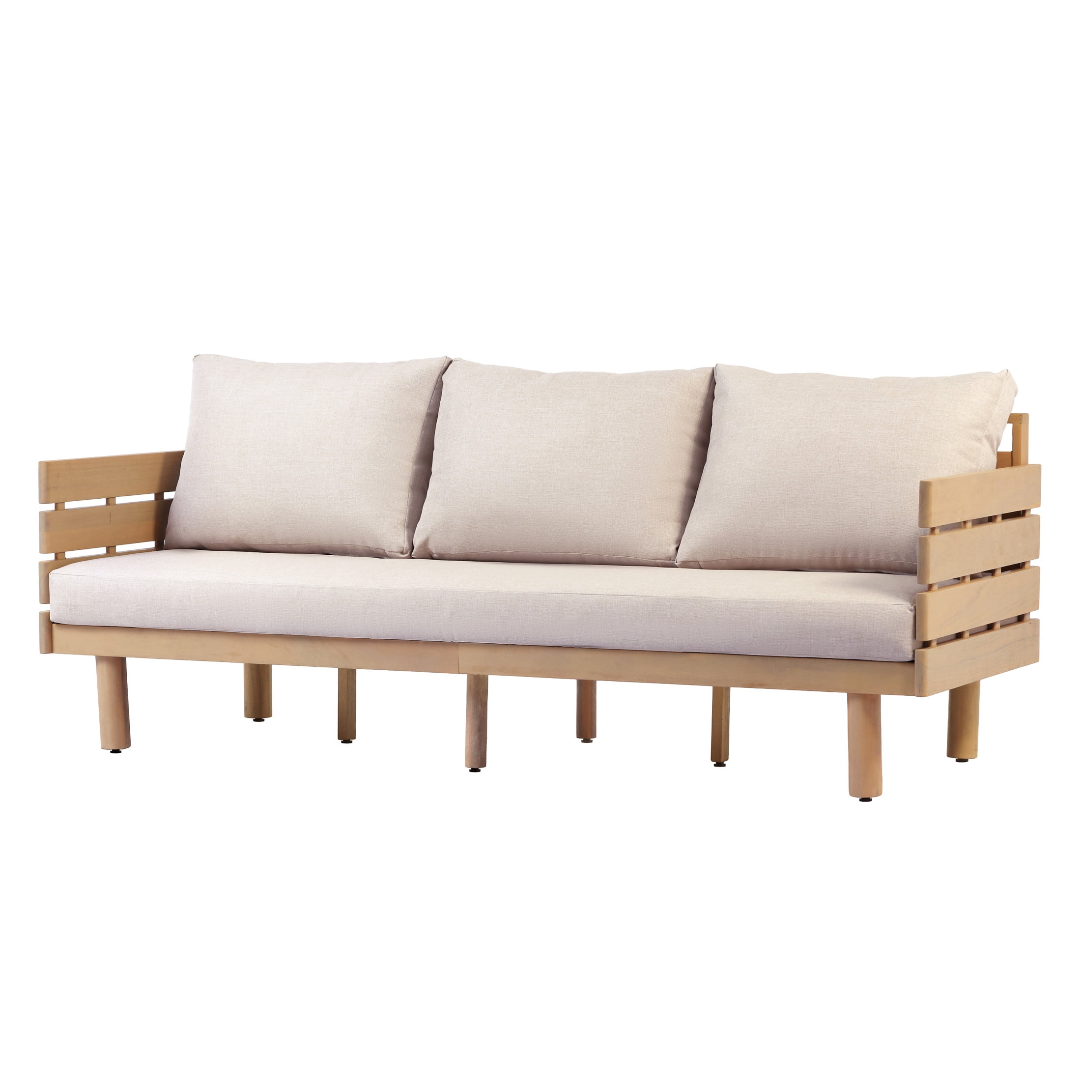 Christopher Knight Home Outdoor 3-Seater Sofa, Acacia Wood Patio Couch with Cushions, Light Teak+Beige