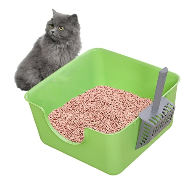 Caja de arena para mascotas con parte abierta para gatos pequeños y grandes, contenedor de arena para gatos, inodoro para gatos, lavabo para verde