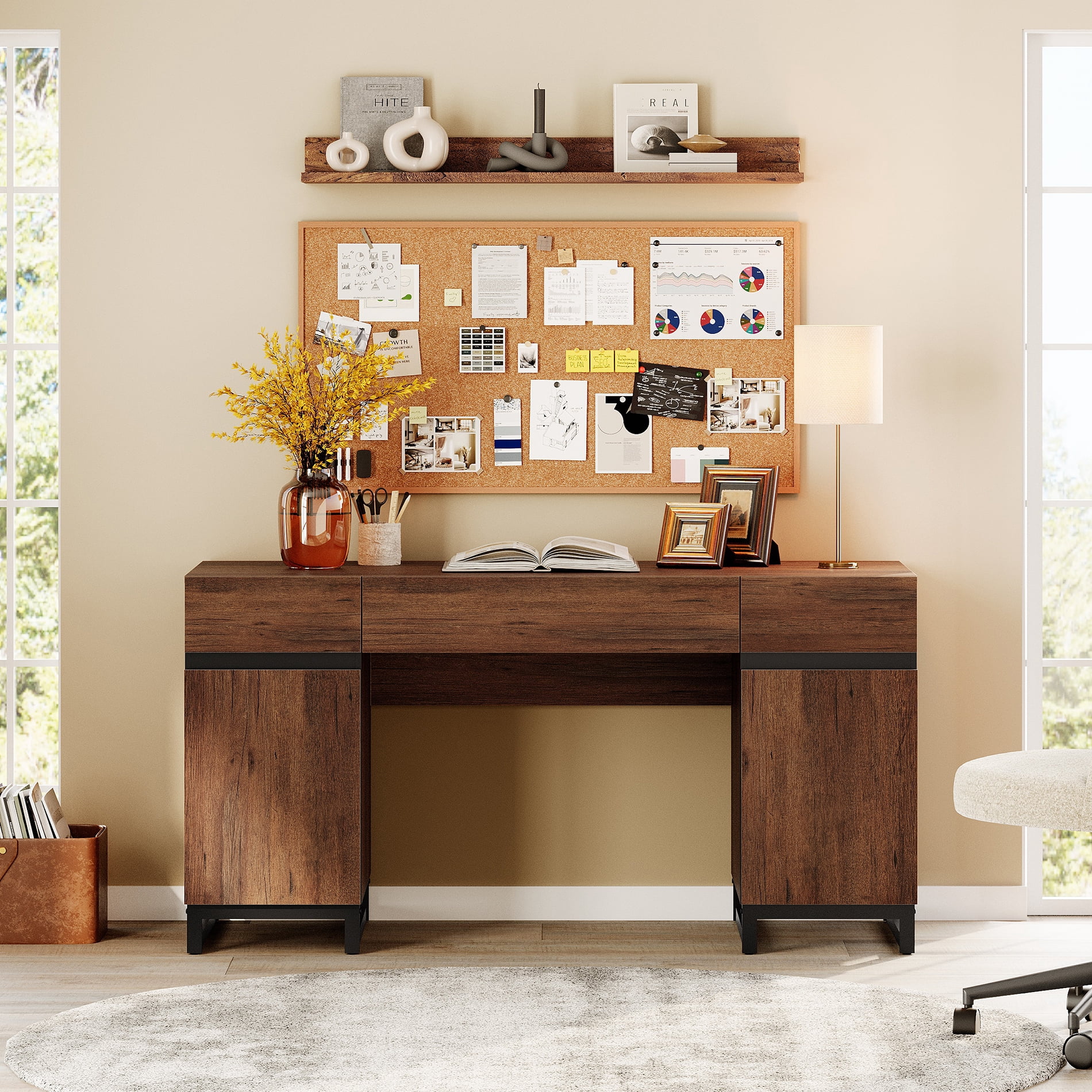 WAMPAT Home Office Furniture Set: 59" Executive Desk with Charging Station and Storage Cabinet, Two 72" Tall Bookcase, Modern Computer Desk and Library Shelf for Work Study, Brown