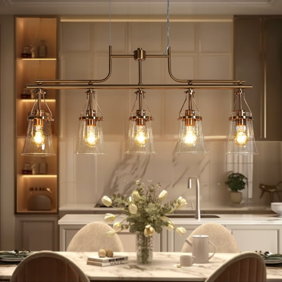 LNC 5-Light Polished Gold Linear Pendant with Seeded Glass, Modern Kitchen Island Light