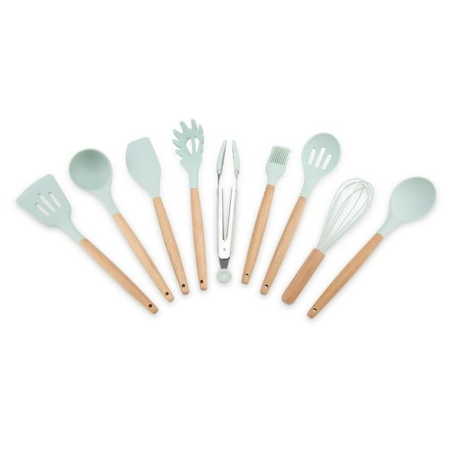 Ustensiles de cuisine, Delaman 9PCS/Set Ustensiles de cuisine en silicone Ustensiles de cuisine bleu (seau de rangement non inclus) Accessoires de cuisine
