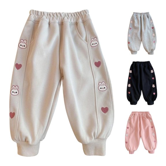 ZXLBBD Girls' Elastic Waist Knit Cartoon Embroider Lightweight Joggers Sweatpants for Little Kids Fall Comfort Durable Causal Daily Wear,White,Size 5 Y-6 Y