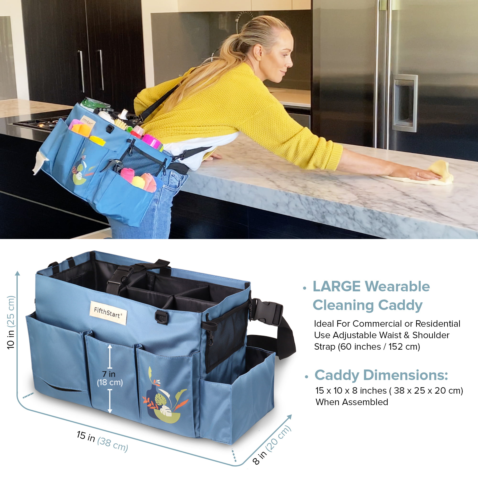 FifthStart Wearable Cleaning Caddy, A Cleaning Supplies Organizer With 4  Corner Shoulder Strap & Removable Waist Strap. Professi