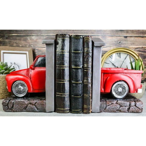 Old Fashioned Vintage Red Pickup Truck In Workshop Decorative Bookends Pair