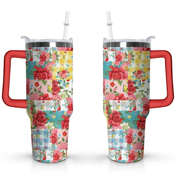 40oz Pioneer Patchwork Tumbler with Handle Lid and Straw,Bohemian Style Stitching Colorful Floral Vintage Tumblers Gifts for Women Girls Men Adults(Red)