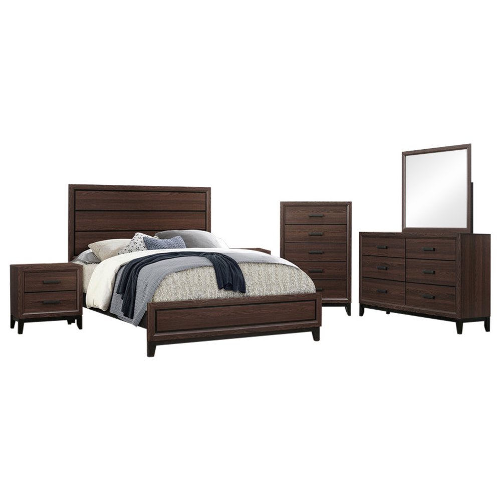 Asheville 6 Piece Bedroom Set, Queen, Brown Wood, Modern (Panel Bed