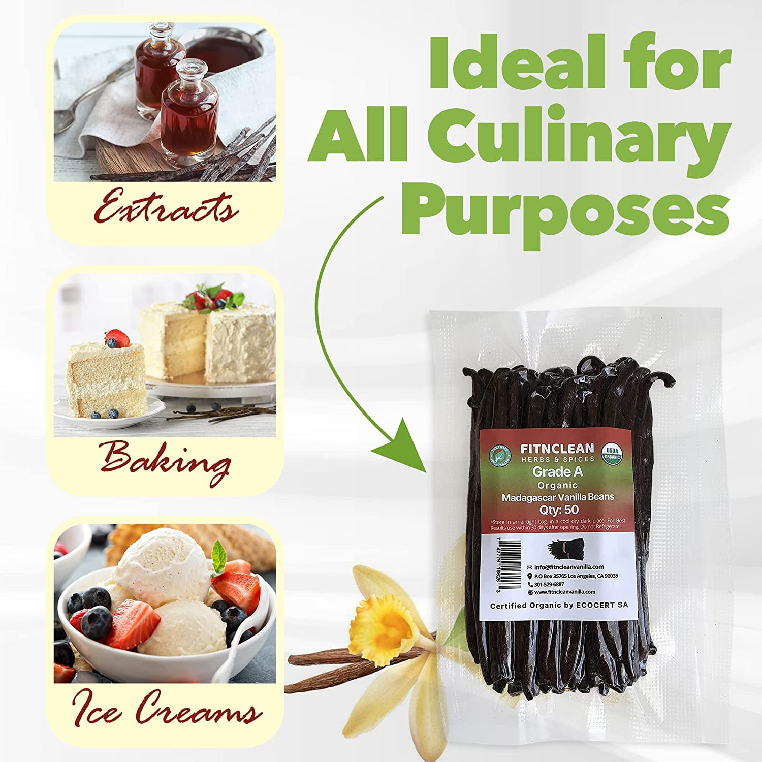 50 USDA Certified Organic  Madagascar Vanilla Beans Grade A. Non-GMO ~5" Fresh for Baking and Homemade Extract by FITNCLEAN VANILLA