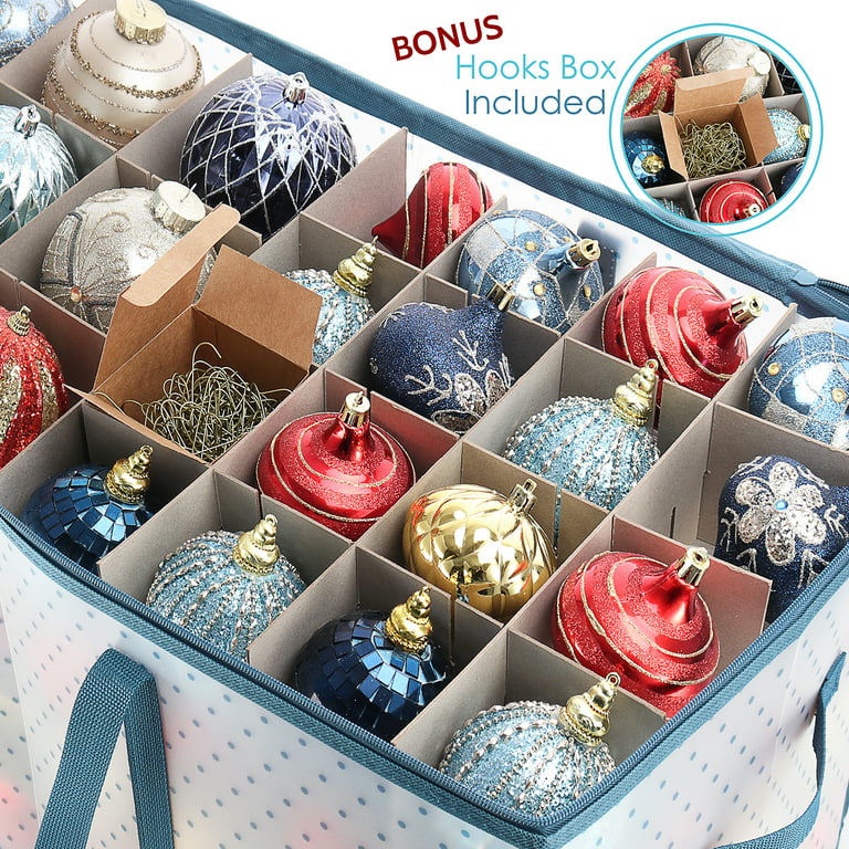 Christmas Ornament Storage Box, Plastic Xmas Holiday Ornament Storage  Container with Dividers, Zippered Closure, Holds up to 64 Ornaments Balls