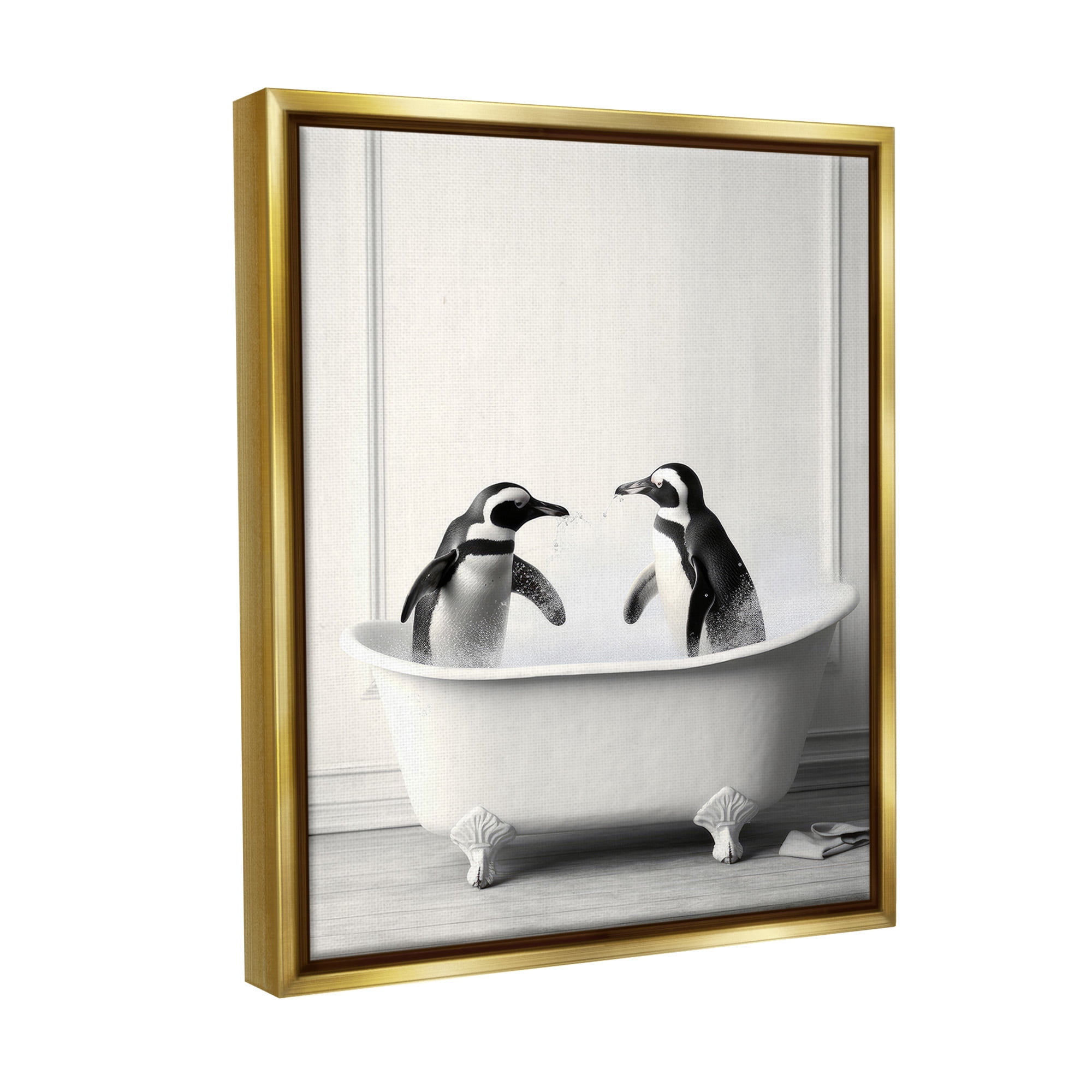 Stupell Industries Penguin Duo in Bath Animals & Insects Painting Gold Floater Framed Canvas Art Print Wall Art, 17 x 21