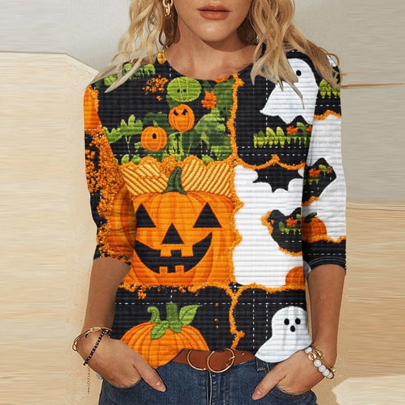 RKSTN 3/4 Length Sleeve Womens Tops Halloween Print Oversize Crew Neck T-Shirt Top Ladies Casual Halloween Graphic Round Neck Loose Fits Plus Size Three Quarter Sleeve Shirt Fall Winter Base Layers
