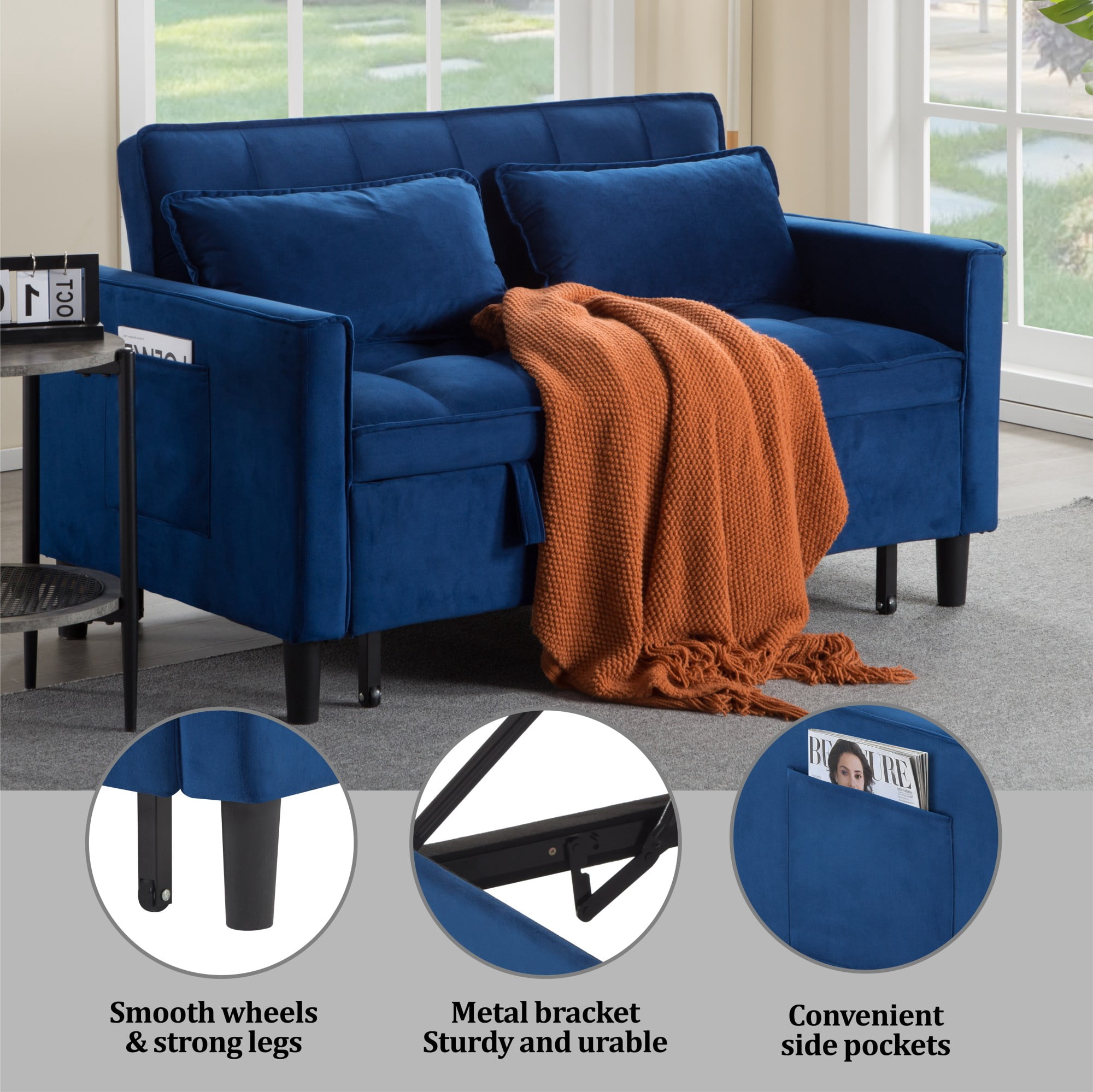 Gewnee 53.94" Pull-Out Sofa Bed – Convertible Twin Size Sleeper Bed,3 Adjustable Backrest Angles & Storage Side Pocket for Living Room,Office,Guest Room.Blue