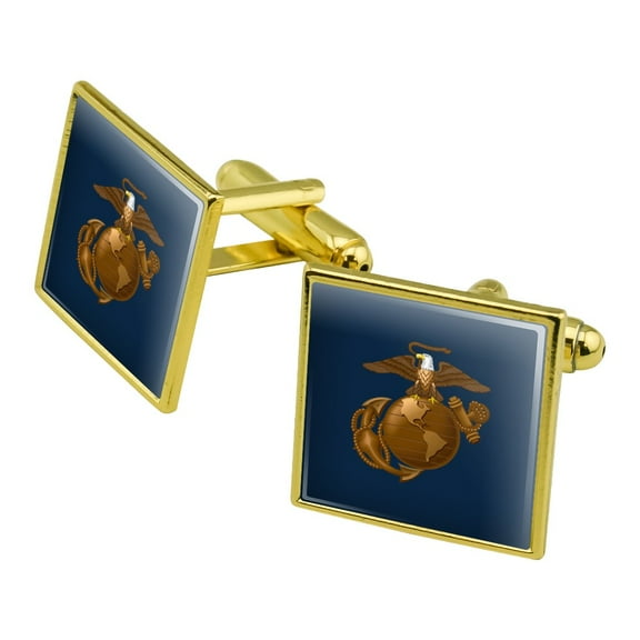 Marines USMC Eagle Globe Anchor on Blue Officially Licensed Square Cufflink Set - Silver or Gold