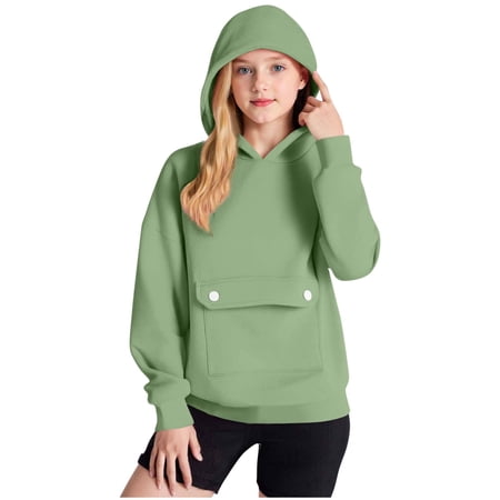 HUANBAI Girls Long Sleeve Hooded Sweatshirt With Pocket And Button Closure Solid Color Pullover For Big Kids Winter Casual Wear Girls Loose Sweatshirts 5-6 Years