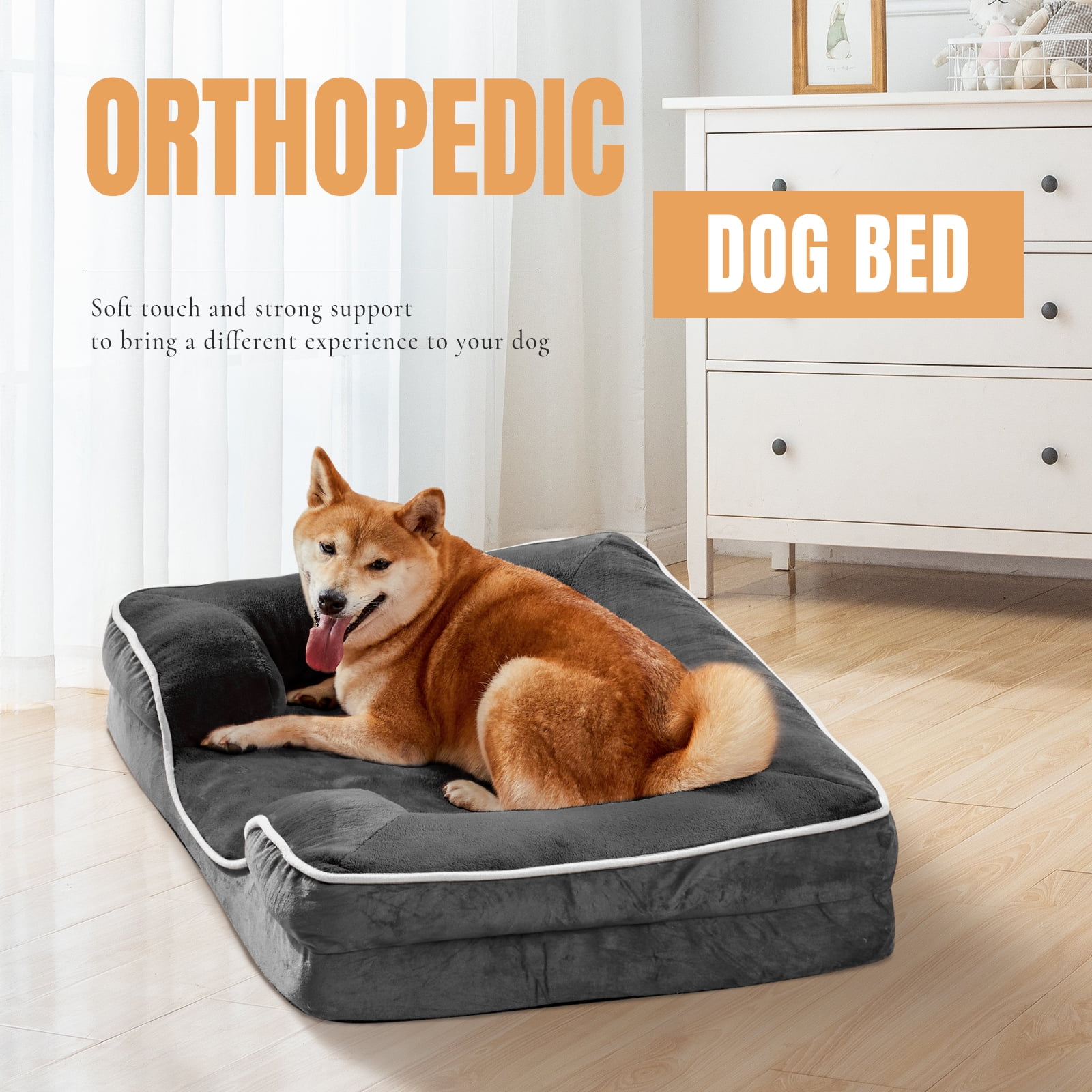 Gianna Orthopedic Dog Bed for X-Large Breeds – Memory Foam Pet Bed with Raised Sides, Washable Cover, Gray