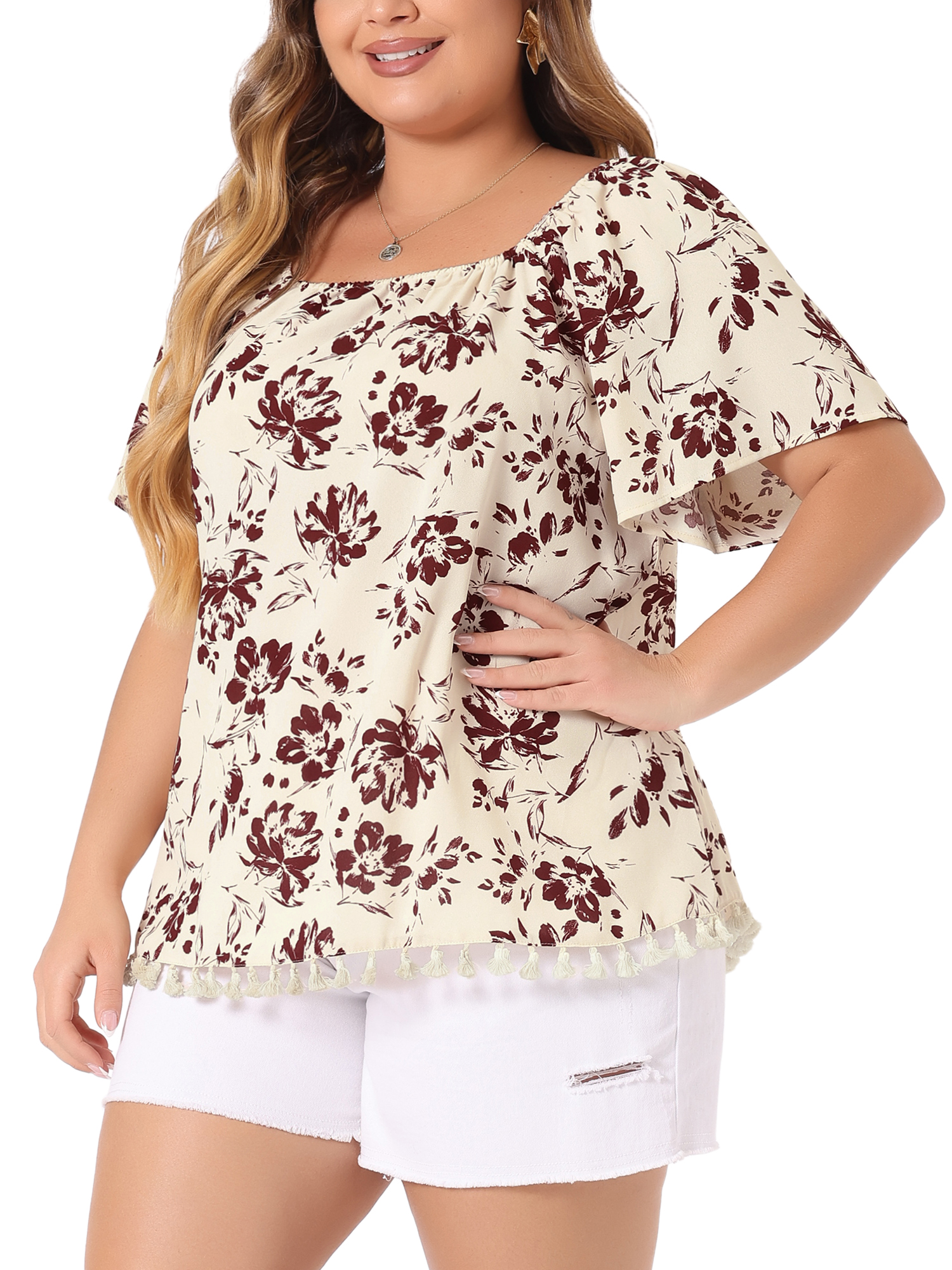 DARING DIVA Women's Plus Floral Off Shoulder Tassel Hem Top 4X Apricot