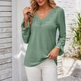 thumbnail image 2 of Womens Trendy Eyelet Tops with Lace Detailing Ruffled Long Sleeve V Neck Dressy Casual Blouses Shirt (2XL, Green), 2 of 7