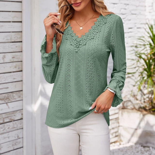 Ailaofu Womens Tops V Neck Boho Long Sleeve Shirts Blouses Flowy Lace Crochet Clothing Casual Trendy Tunic