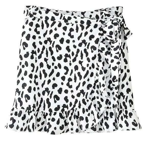 MIXUE Women Skirts Casual Leopard Print Ruffles Pleated Lace Up Bandage Short A-Line Skirts Casual High Waisted Elastic Skirts