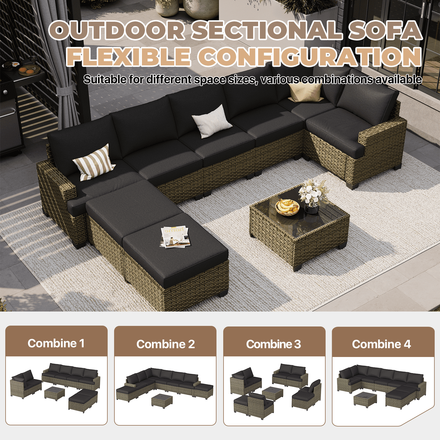 BaPiPro 9-Piece Outdoor Rattan Modular Patio Sofa Set with Thick Black Cushions, Multi-Use Ottoman and Easy-Clean Coffee Table for Garden and Patio Leisure Use