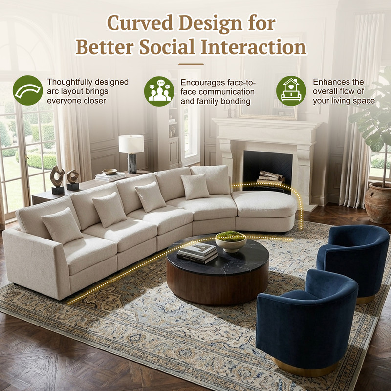 160.4" Oversized Curved Modular Sectional Sofa, Modern 5-Seater Chenille Cloud Couch with Deep Seats, Solid Wood Frame, 4 Throw Pillows for Living Room