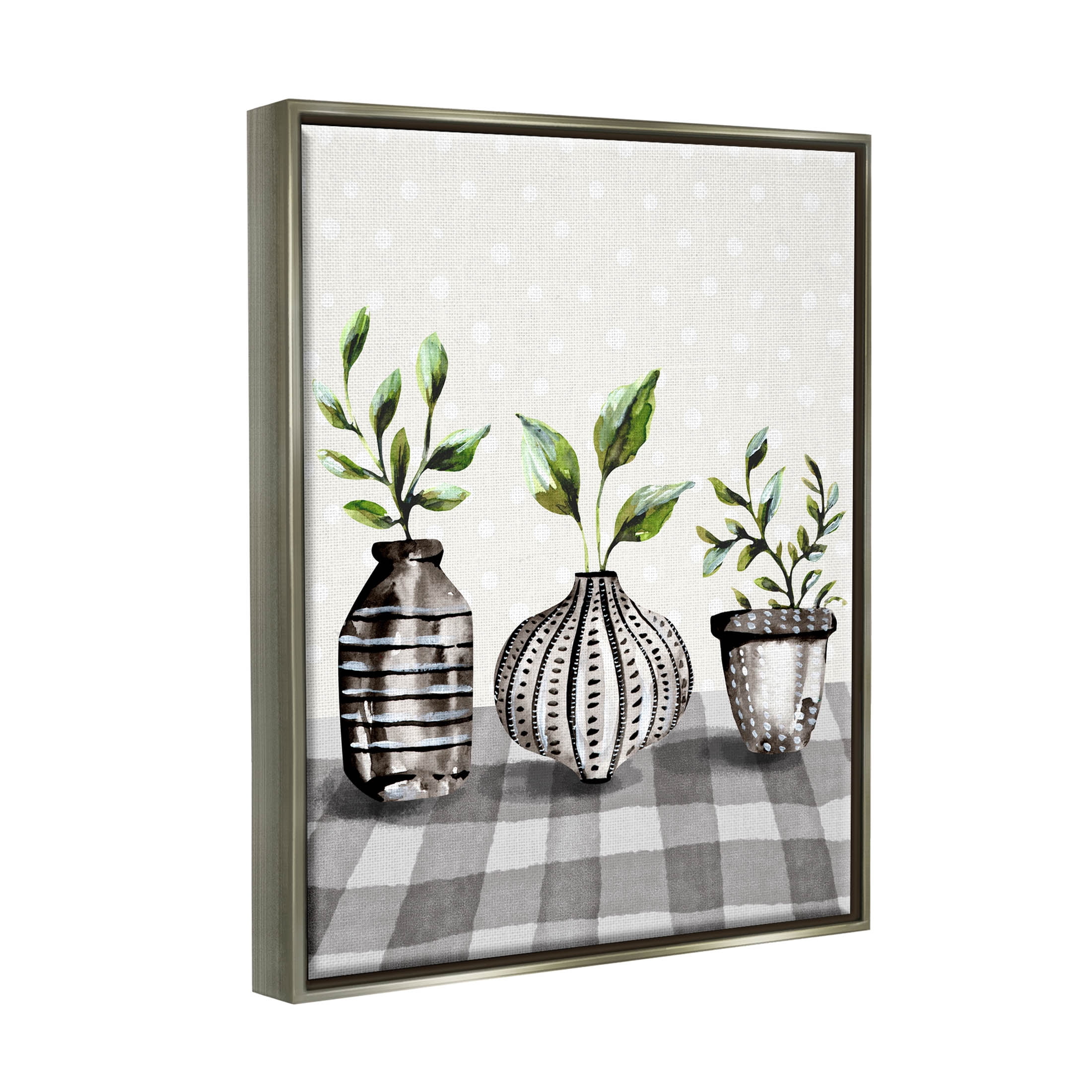 Potted Herbs Patterned Tartan Botanical & Floral Graphic Art Luster Gray Framed Art Print Wall Art