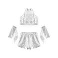thumbnail image 3 of inlzdz Kids Girls Jazz Latin Dance Outfits Sequin Halter Crop Tops with Shorts Tassel Gloves Dancewear Silver 16, 3 of 7
