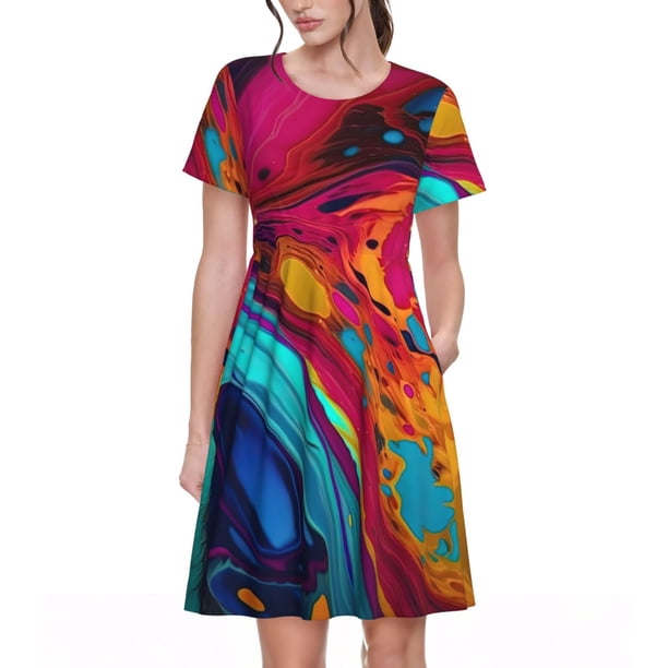 Balery Colorful Abstract Swirls Vestidos sueltos de manga corta para mujer, vestidos de verano 2025, vestidos casuales de corte A con vuelo.