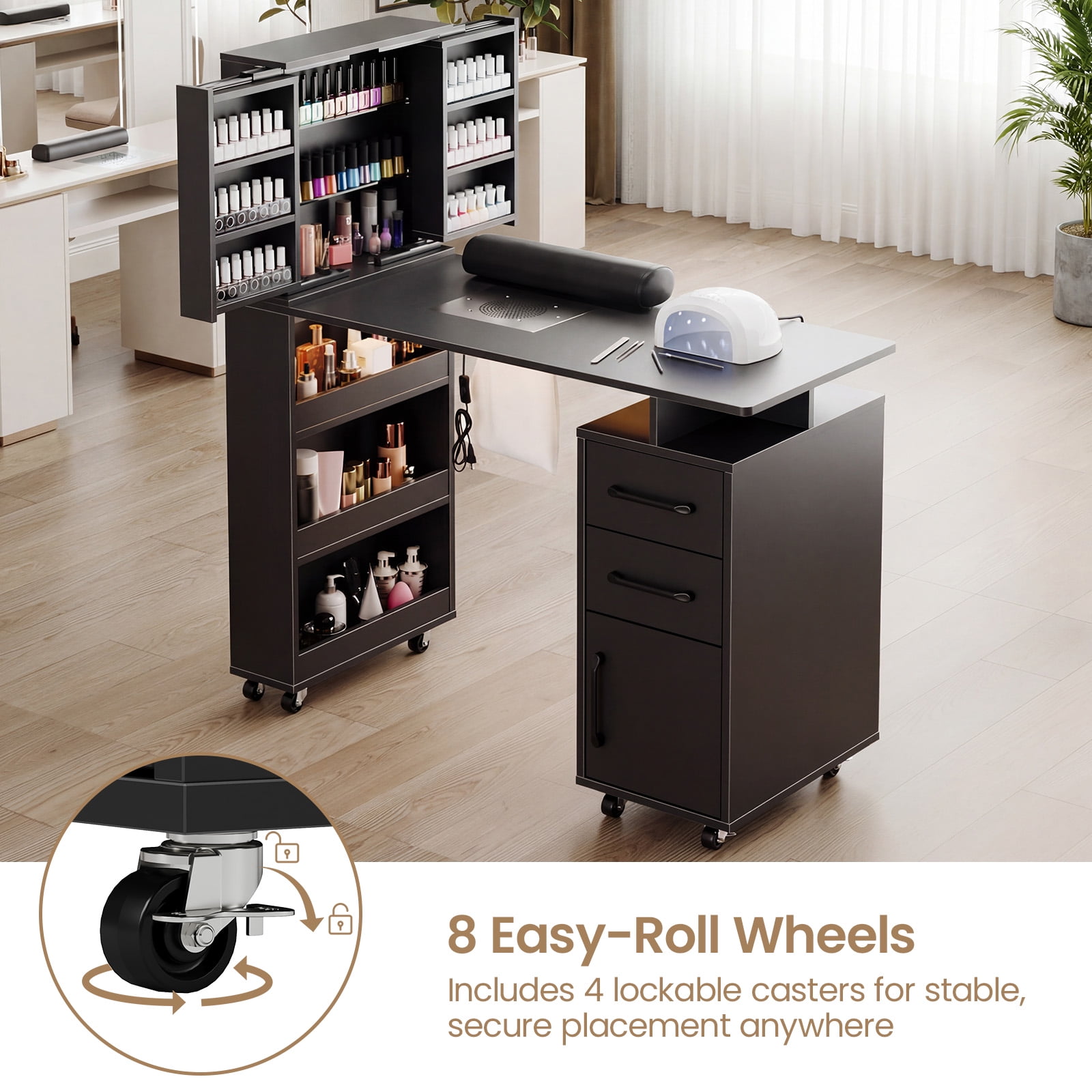 Advwin Professional Manicure Table with Extendable Nail Polish Cabinet, Dust Collector, LED Light & Wrist Rest, Rolling Nail Desk for Nail Tech, Beauty Nail Station for Home & Salon, Black
