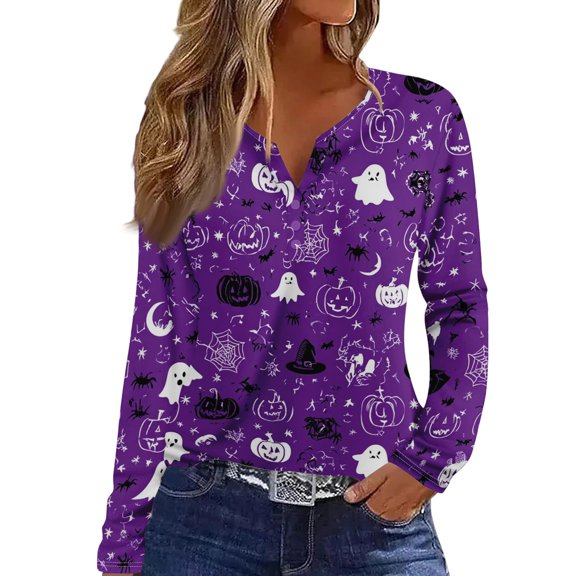 Womens Tops Long Sleeves T-Shirts Pumpkin Print Halloween Shirts Loose Fit V Neck Going Out Tops
