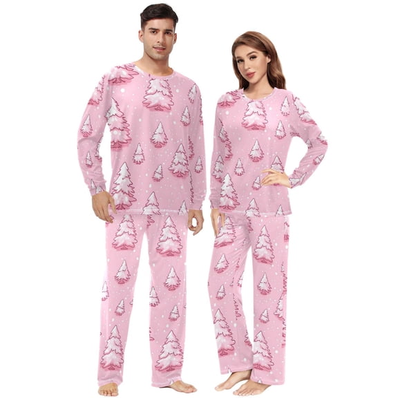 Matching Pajamas for Couples Pink Christmas Trees His and Hers Pajamas Sets Soft Long Sleeve Sleepwea
