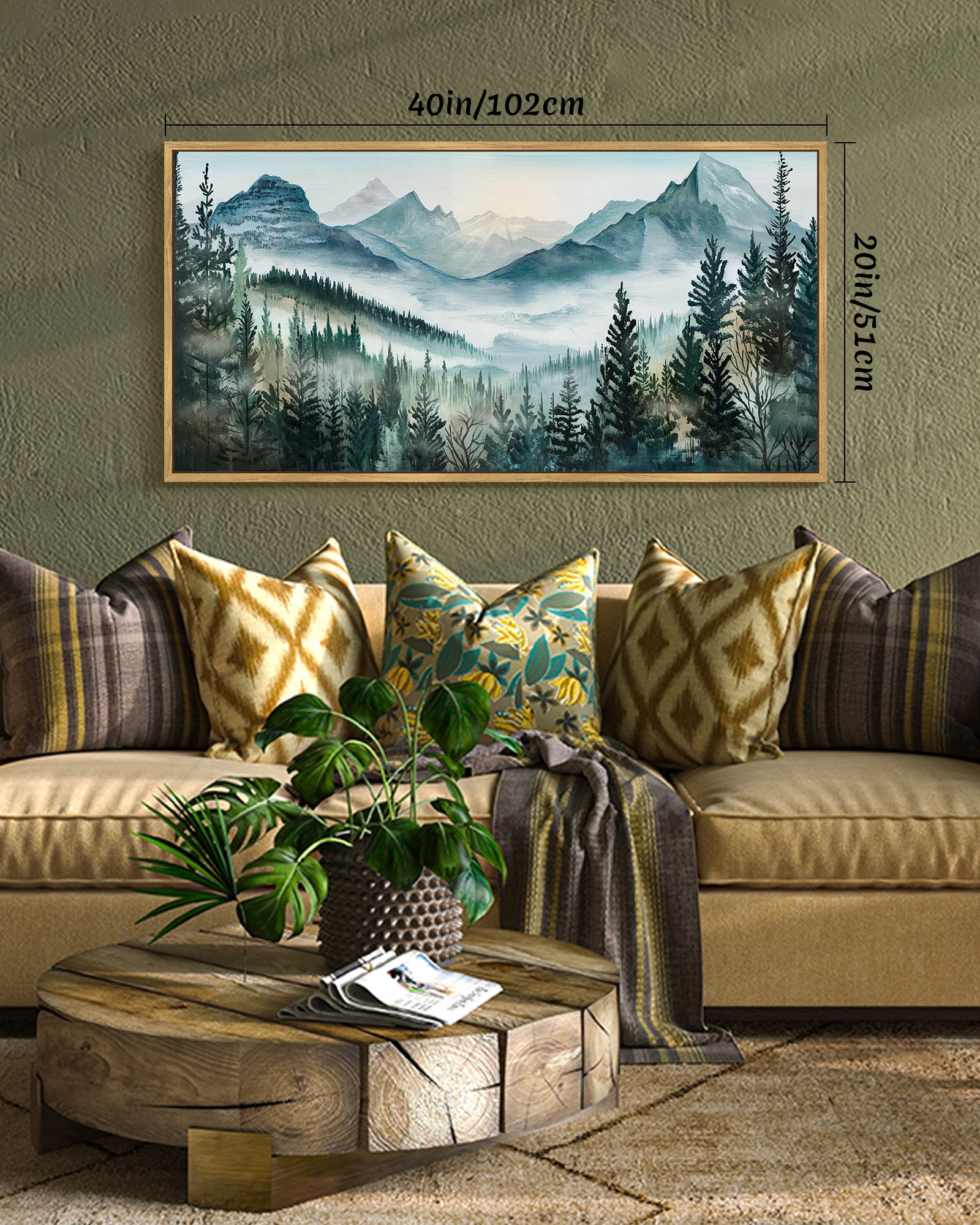 SHENIFY Landscape Mountain Range Wall Art 20x40in Natural Framed Set Watercolor Foggy Pine Tree Forest Nature Scenry Mist Wilderness Farmhouse Rustic Modern Decorative