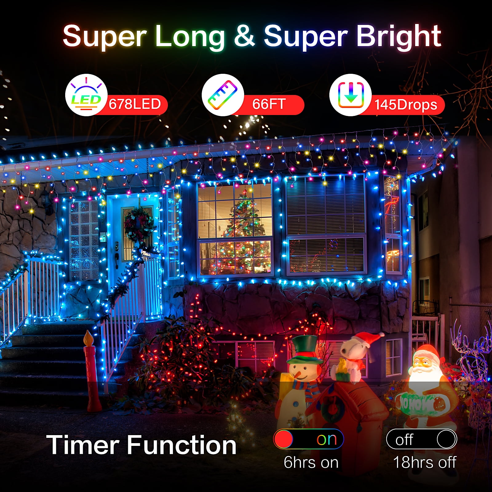 678LED Christmas Lights Outdoor, 66FT 8 Modes Icicle Lights for Outside 145 Drops Waterproof Icicle String Lights Plug in Connectable Hanging Lights for Outdoor Roof Indoor House Decor,Multicolor