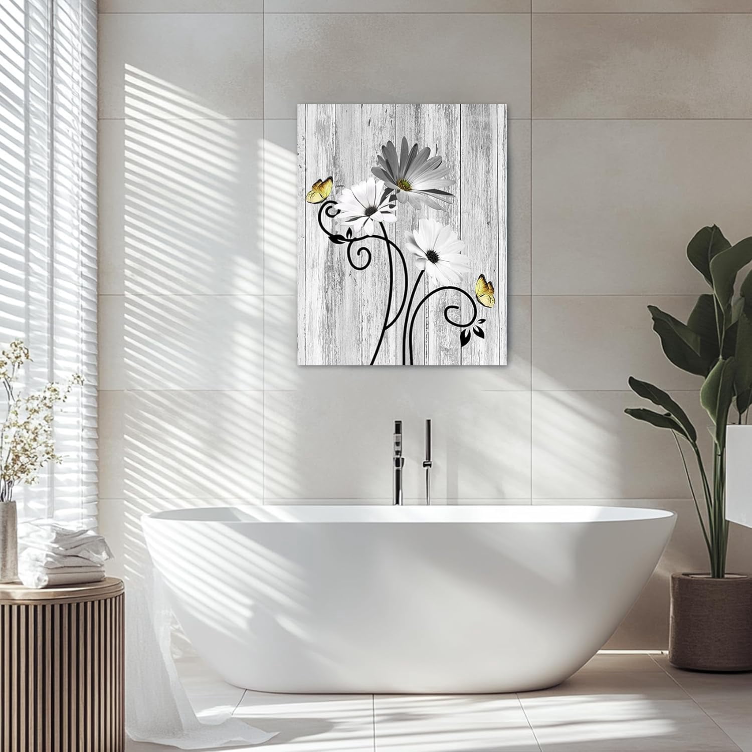 Floral Canvas Wall Art - Daisy & Butterfly Botanical Wall Decor, Rustic Farmhouse Pictures for Living Room, Bedroom, Bathroom & Home Office