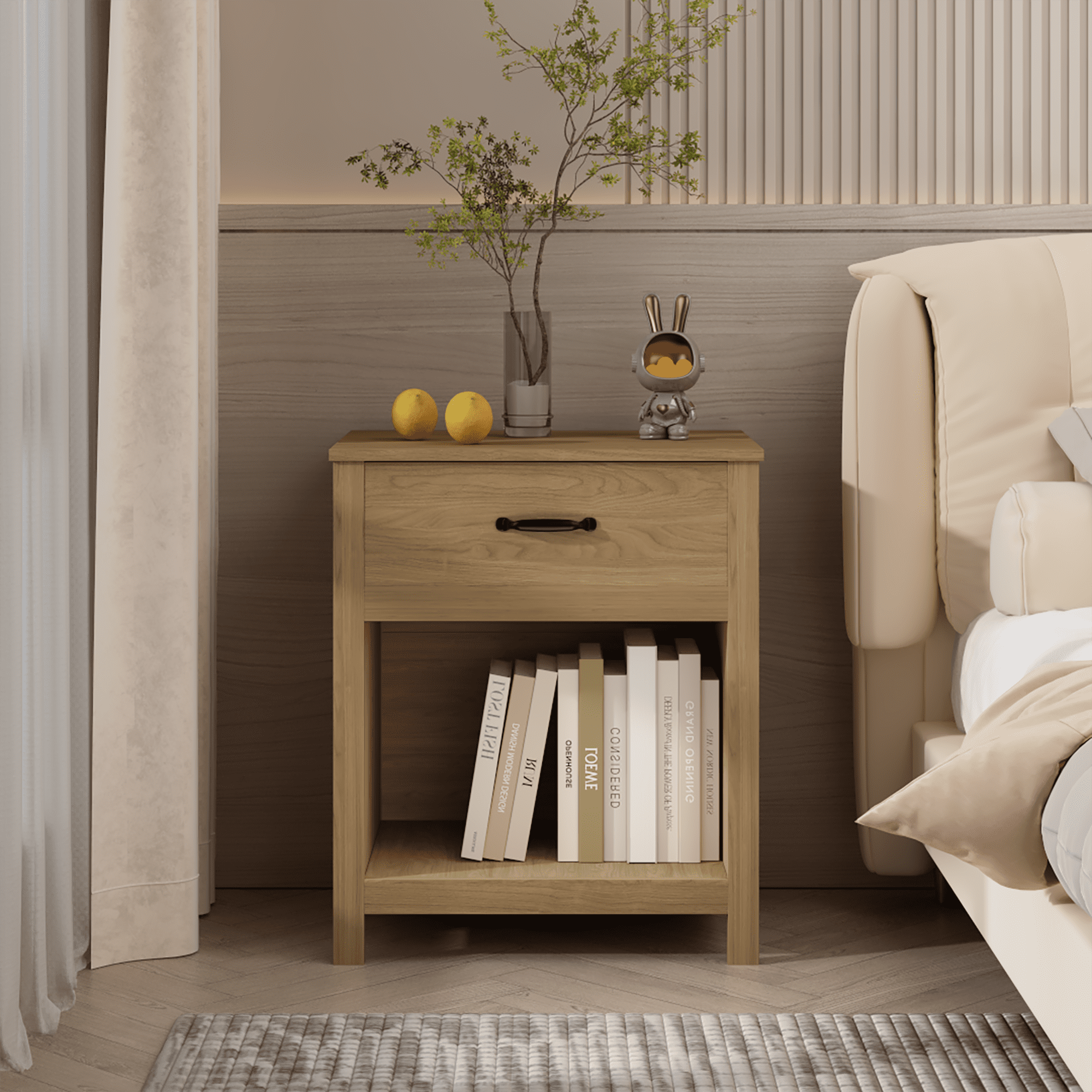 Wood Nightstand with Drawer and Open Shelf, Modern Bedside Table with Storage, Wooden End Table for Bedroom, Living Room or Apartment, Natural Finish, Brown
