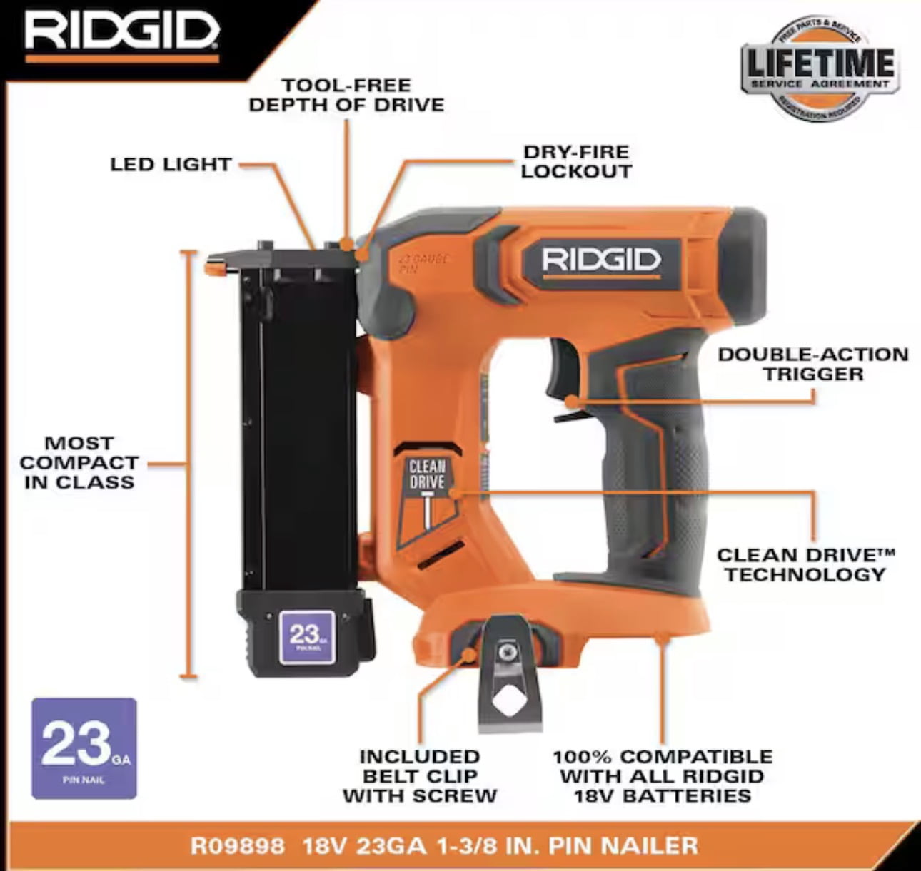 RIDGID 18V Cordless 23-Gauge 1-3/8 in. Headless Pin Nailer (Tool Only)