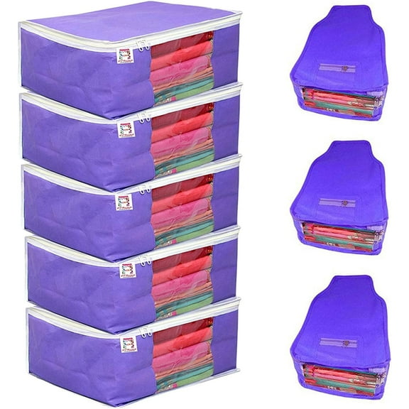 atorakushon Nonwoven Fabric 5 Saree and 3 Blouse Garments Clothing Storage Cover Bag Pouch Wardrobe Organizers with Clear Window view Zip Lock Blue