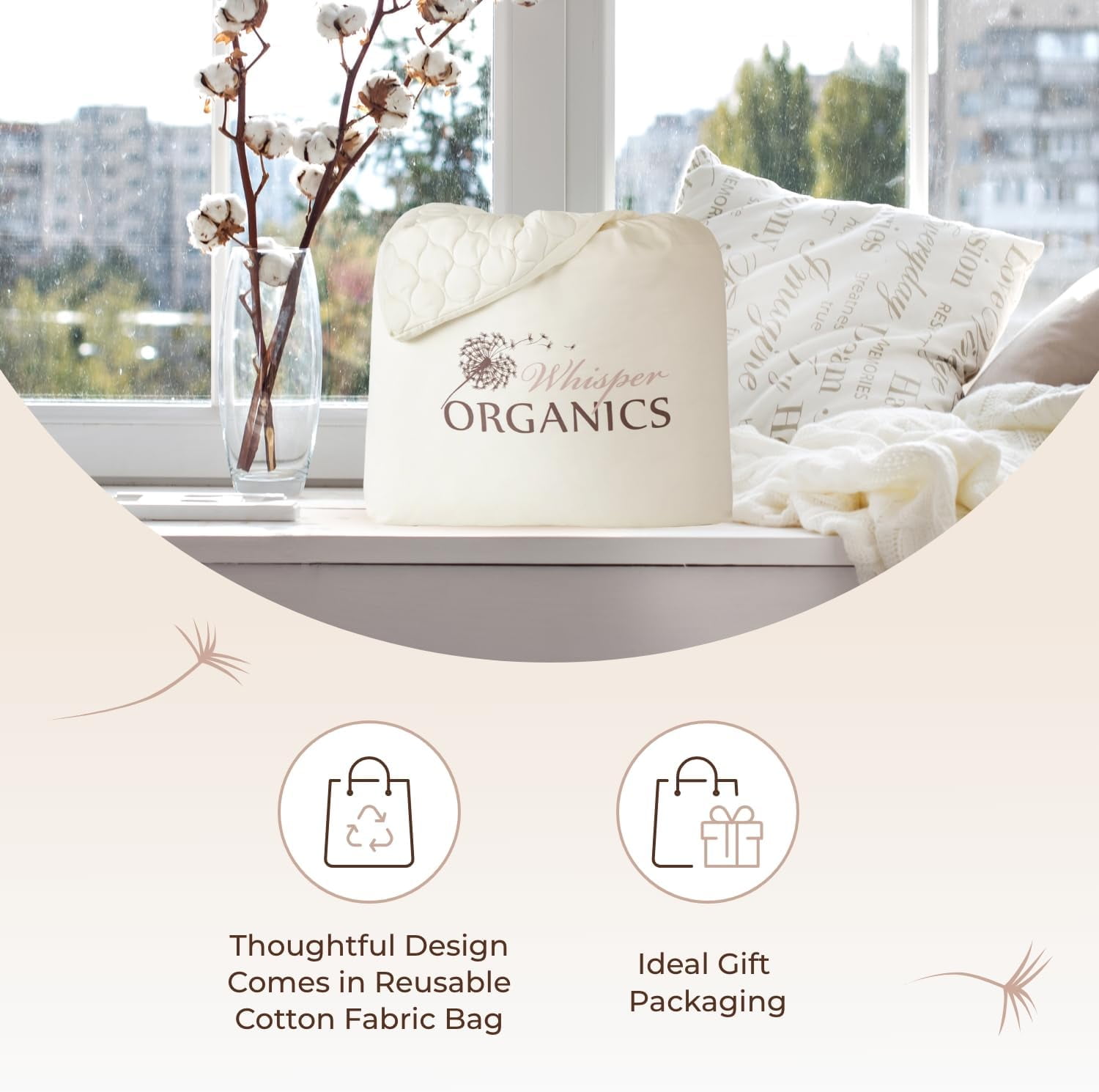 Whisper Organics 100% Cotton Organic Mattress Protector, 300TC Mattress Pad, Twin size, Ivory