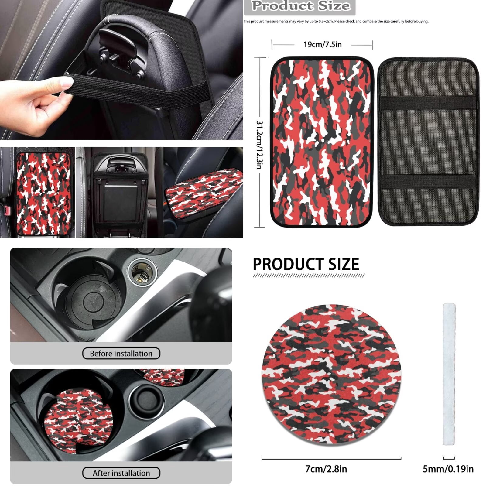 FKELYI Camo Red Print Car Seat Covers with Steering Wheel Cover Seatbelt Pads Cover Cup Coaster Armrest Pads Hearest Cover Anti-Slip Gear Shift Knob Sleeve, 16 Pcs Car Interior Set
