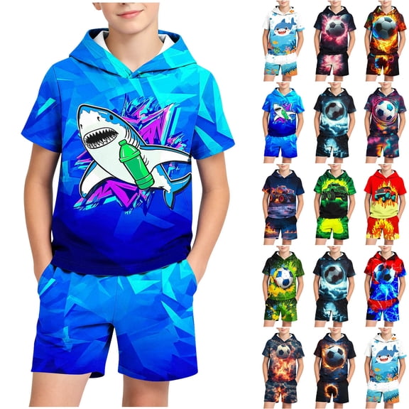 FchengtaiS Boys 2 Piece Outfits Graphic Soccer Print Hooded Short Sleeve T-Shirt and Shorts Set Summer Sport Clothes for Kids