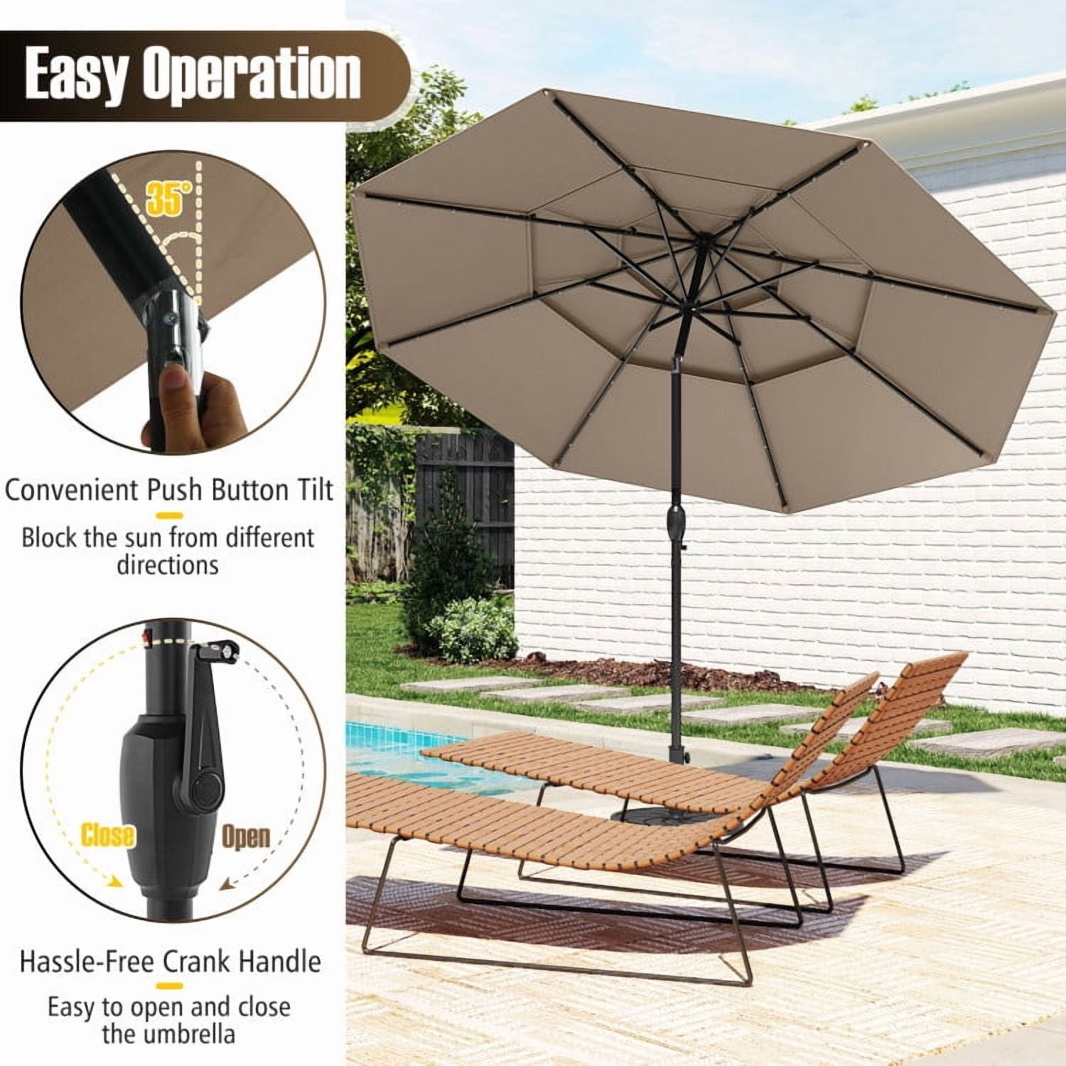 YYAo Outdoor Garden Umbrella,Market Umbrella,10 Feet Solar Patio Umbrella with 32 LED Lights 3-Tier Vented Top-Taupe