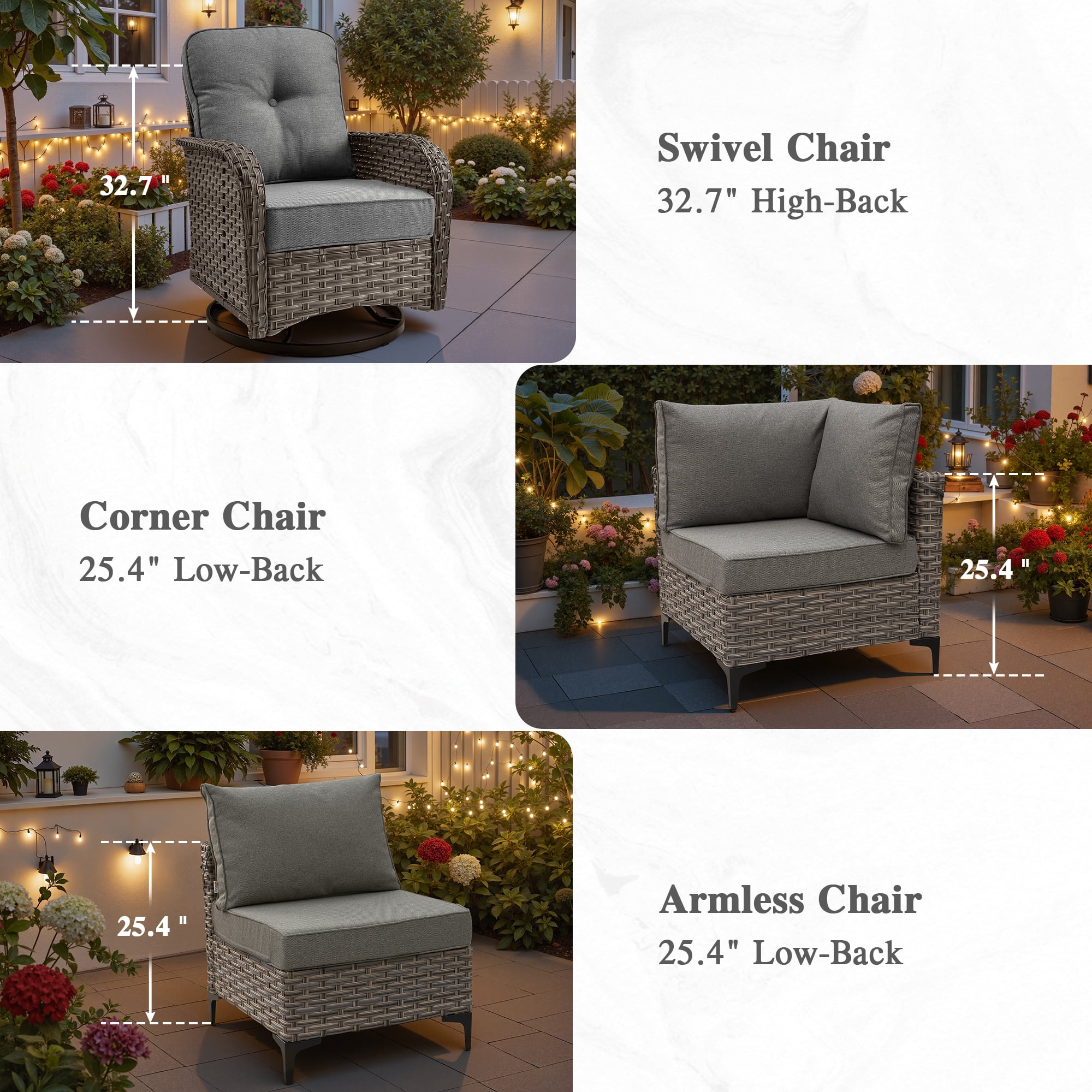 Ovios 10 Pieces Outdoor Patio Furniture All-Weather Wicker Sectional Conversation Set with Swivel Chairs & Solar Coffee Table, Dark Gray