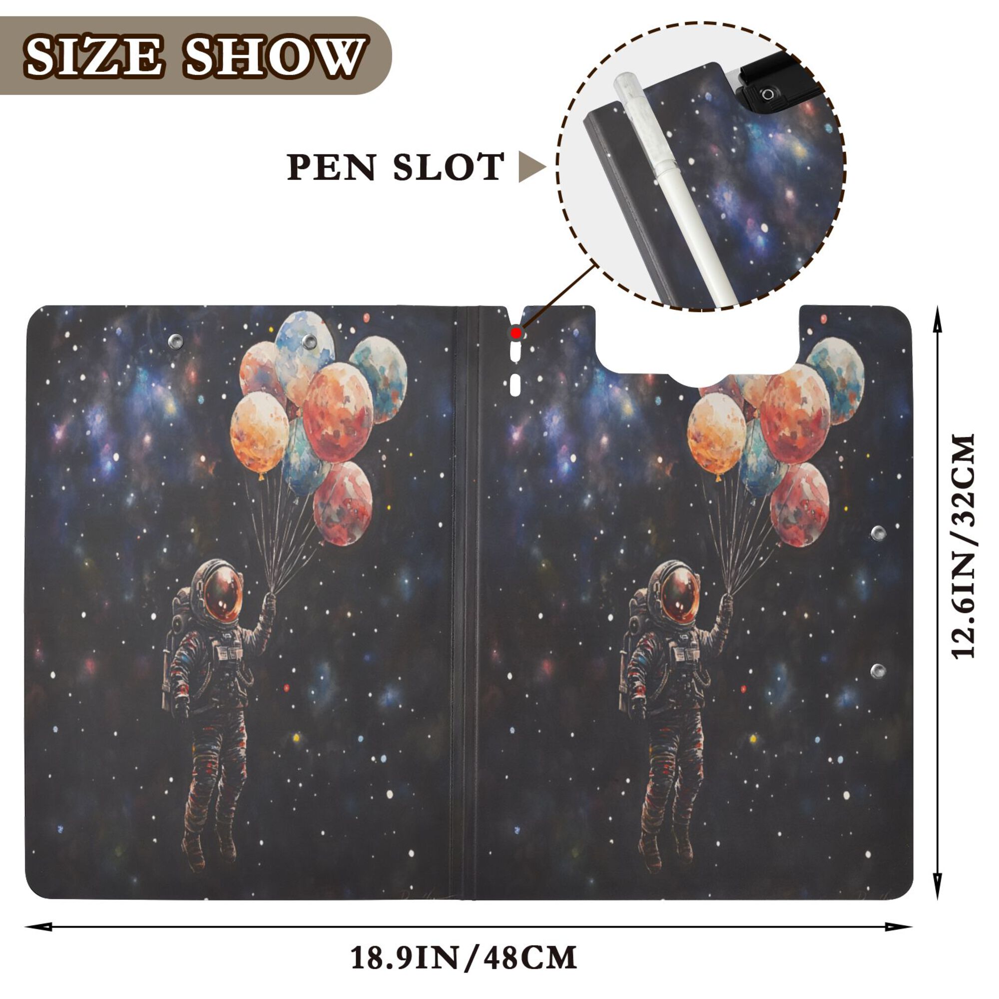 FORMRS A4 Clipboard Folder with Pen Holder Horizontal Foldable School Office Binder, Black Watercolor Space