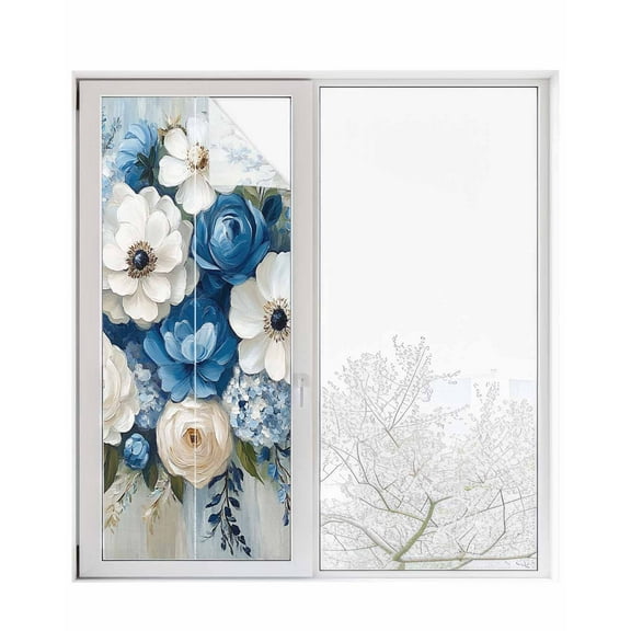 Window Privacy Film Hydrangeas Flower Stained Glass Window Film Decorative Sun Block Window Cover Blue White Floral Country Oil Painting Window Clings Static Adhesive Sticker for Bathroom 29.5"x78.7"