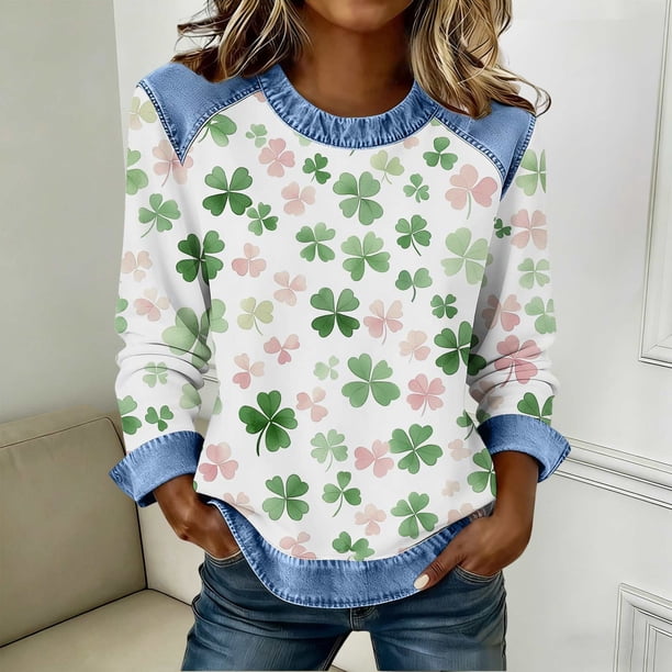 TaTaai Women's Casual Patchwork Shirt Long Sleeve Round Neck Solid Color St Patrick Day Blouse Soft Comfy Lightweight Top Spring Daily Holiday Party Wear Gift