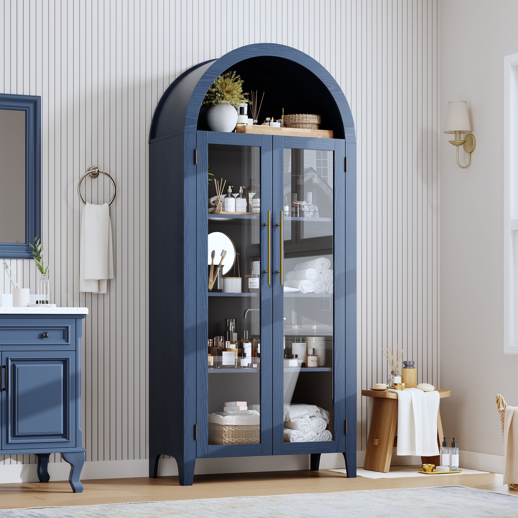 5-Tier Arched Bookcase, Bookshelf with Glass Door, Display Cabinet with Adjustable Shelves, Tall Storage Cabinet for Living Room, Modern Bookcase for Bedroom/Living Room/Home Office